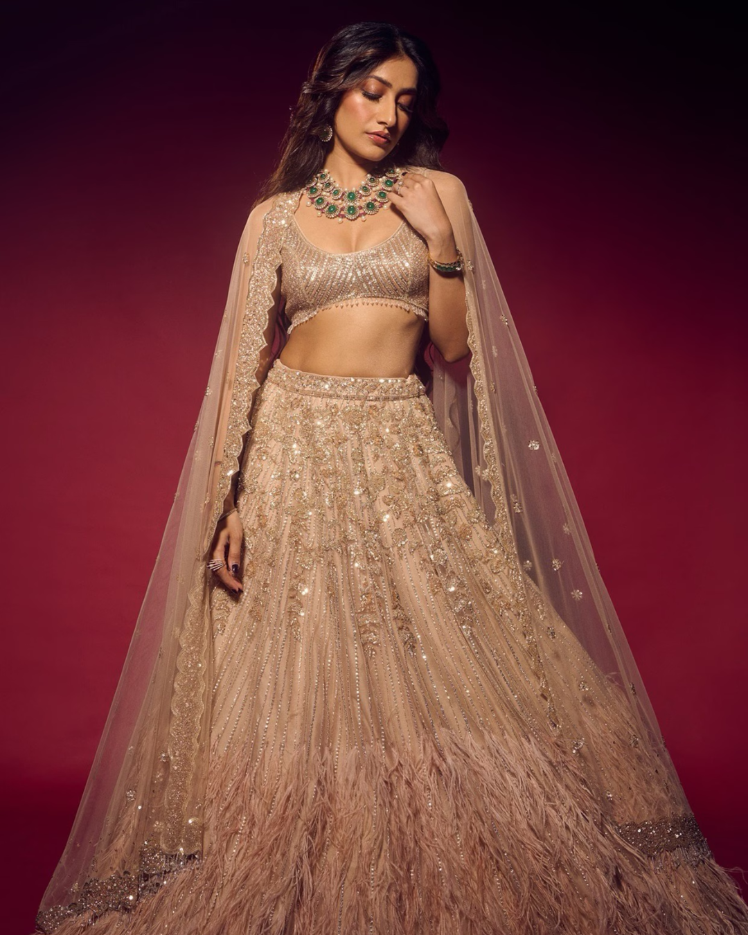 Isa by Dolly Wahal - Peachy Gold Net Sequins & Crystal Hand Embroidered Lehenga Set