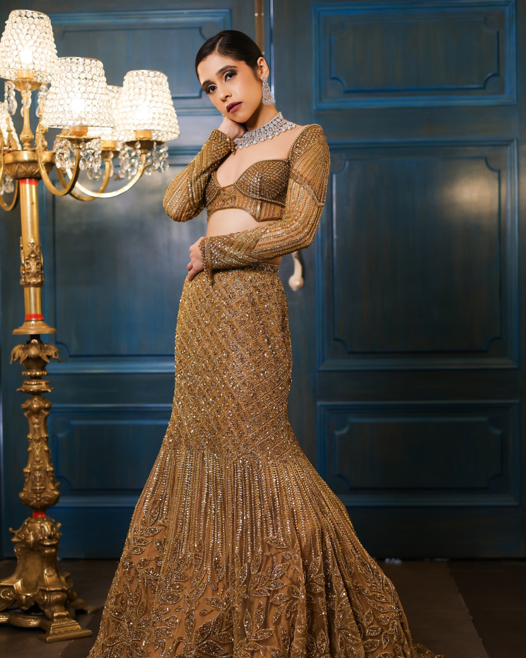 Isa by Dolly Wahal - Stella Gold Fishcut Lehenga From Farra