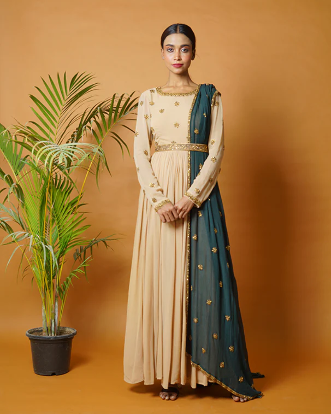 Sonali Bansal - Beige anarkali suit and waistbelt with green dupatta From Fiza