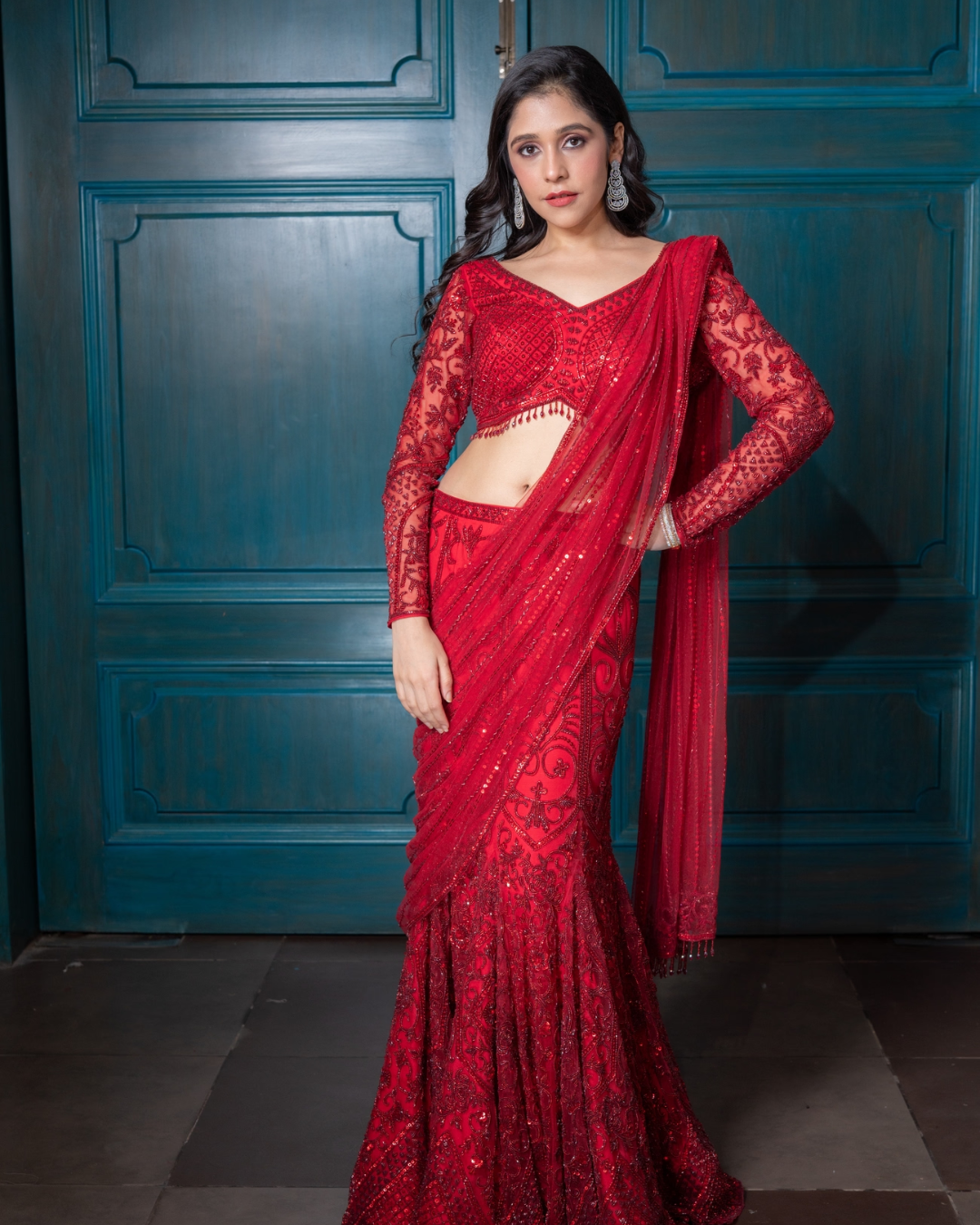 Isa by Dolly Wahal - Deep Red Pre-Draped Saree From Farra