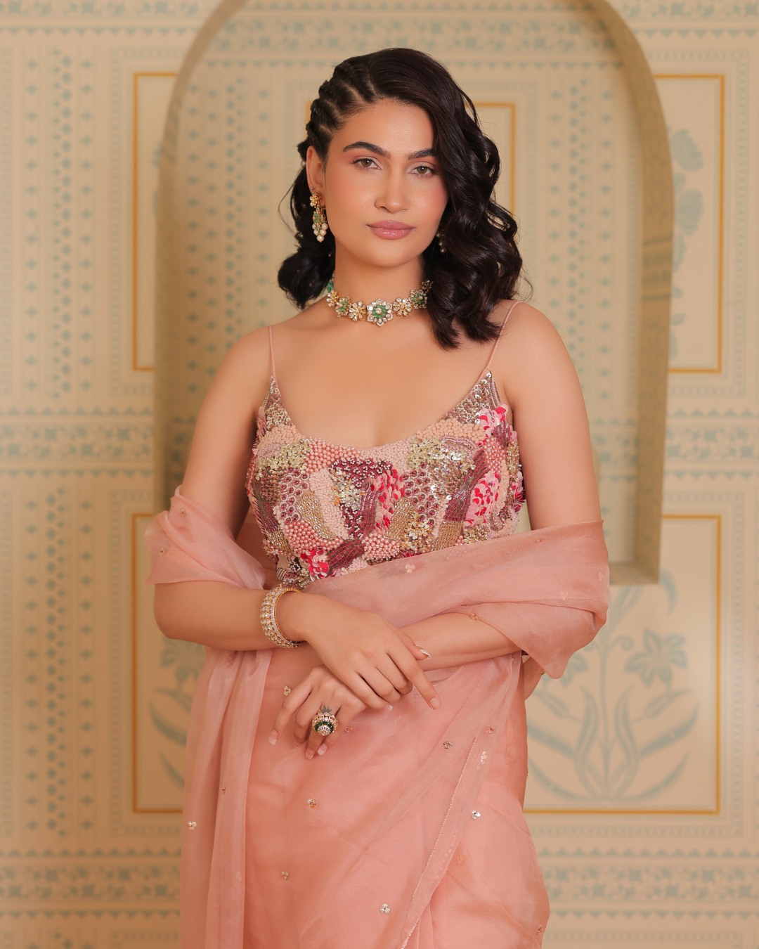 Sonali Bansal - Blush pink drape saree with blouse (potli seperately priced) From Banno Ki Saheli