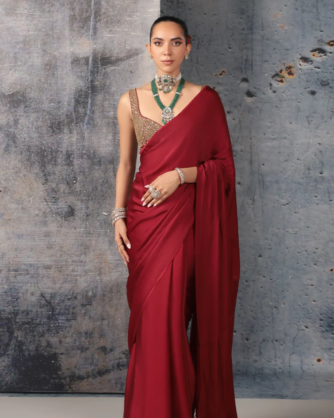 Niti Bothra - Zar-Rang Maroon Fringe Saree Set