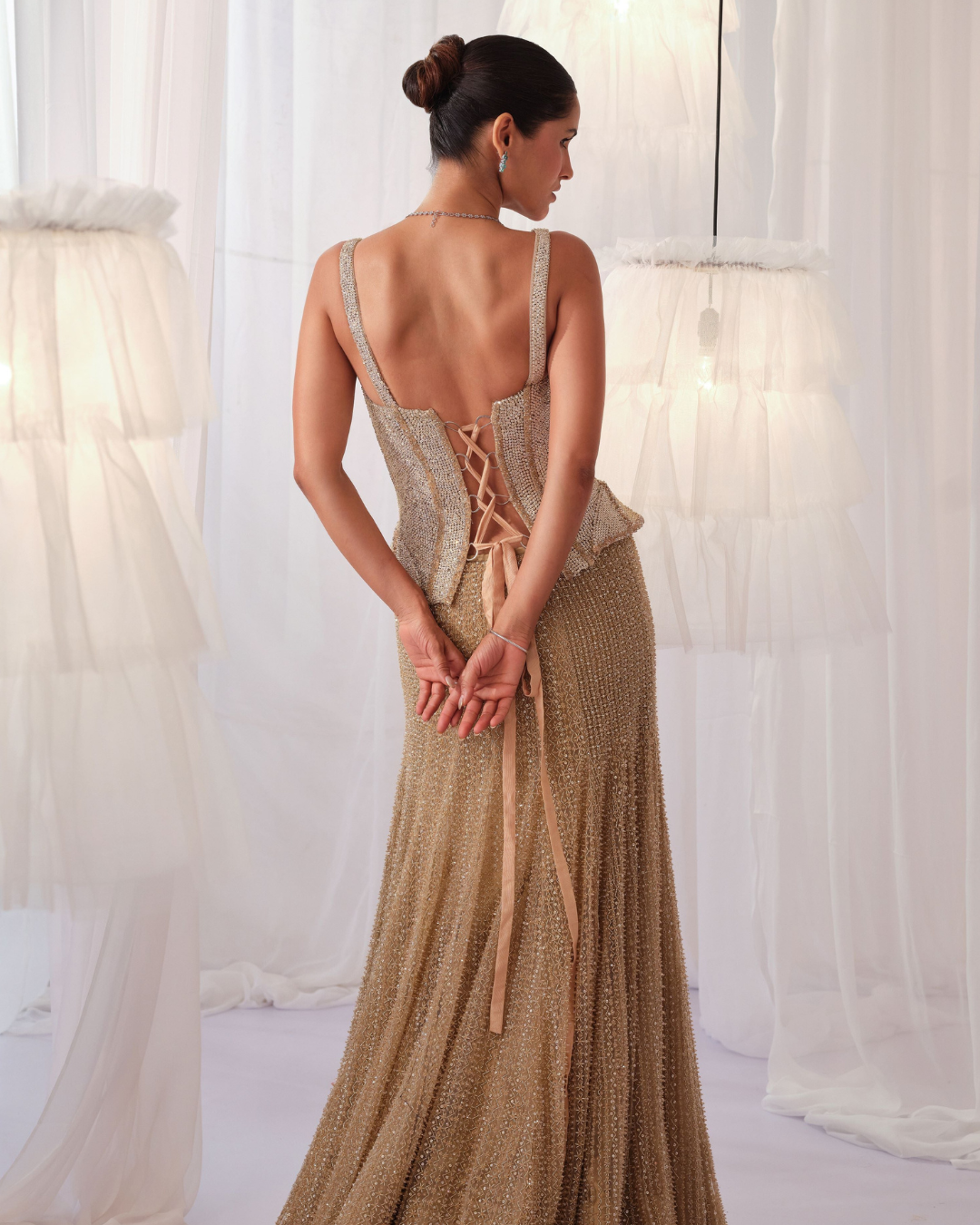 K&A By Karishma And Ashita - Champagne Gold Corset With Fishcut Lehenga From First Love