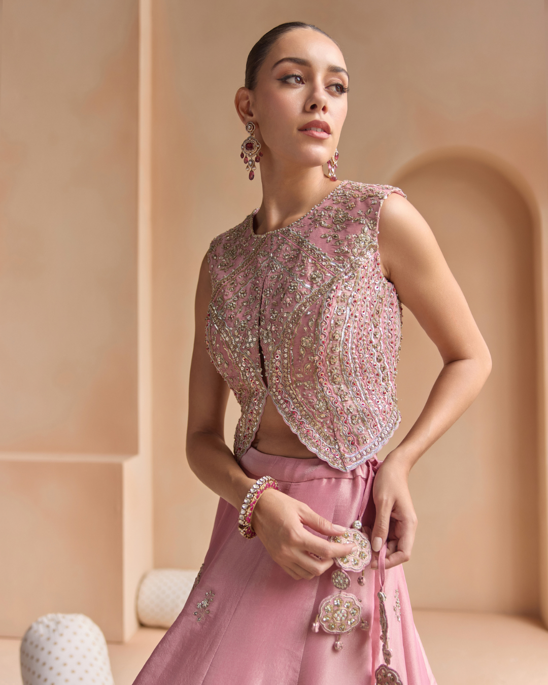 Osaa By Adarsh - Soft Berry Embroidered Tissue Lehenga Set From Off The Record