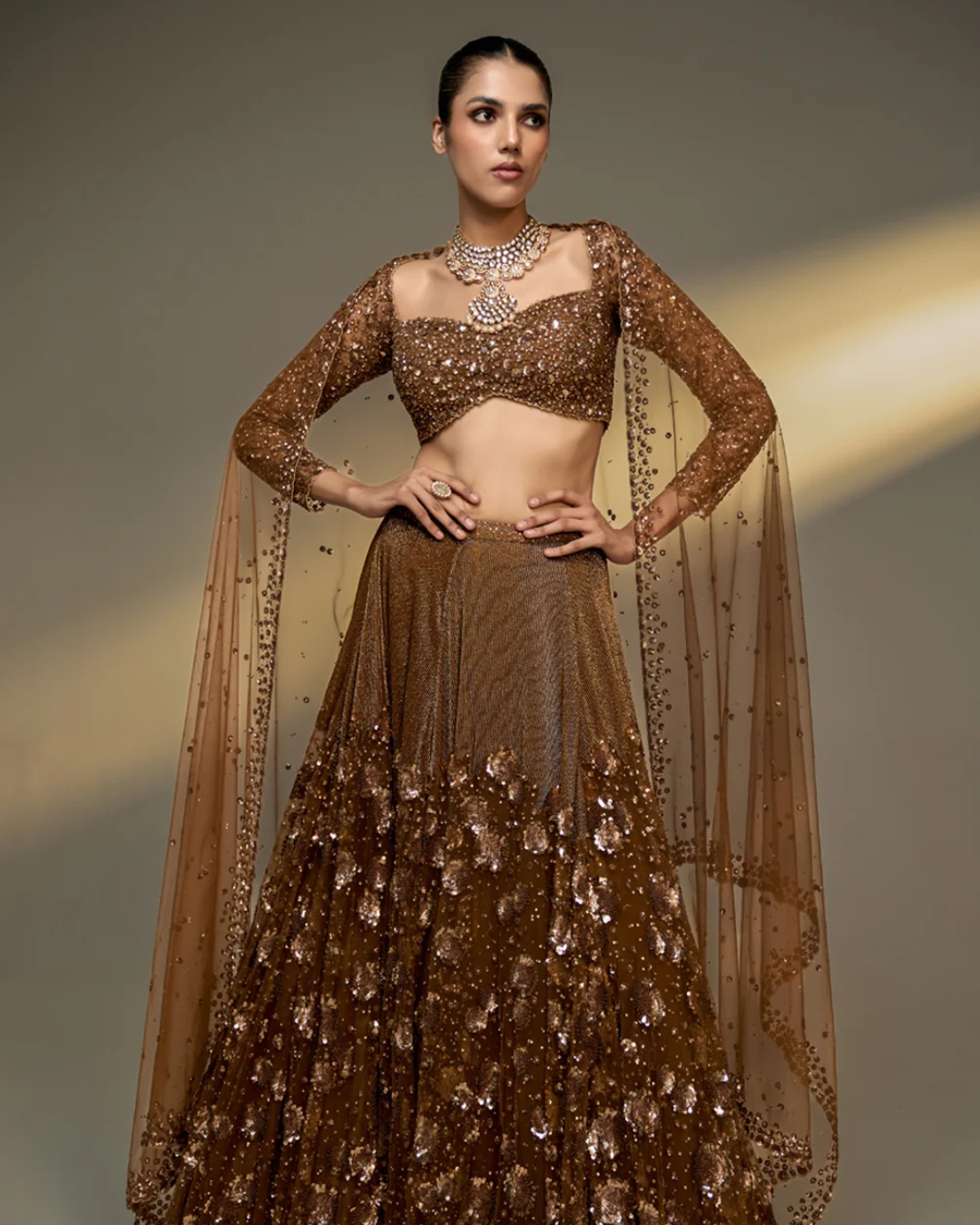 Prevasu - Copper Gold Lehenga Set From The Mocha Edit