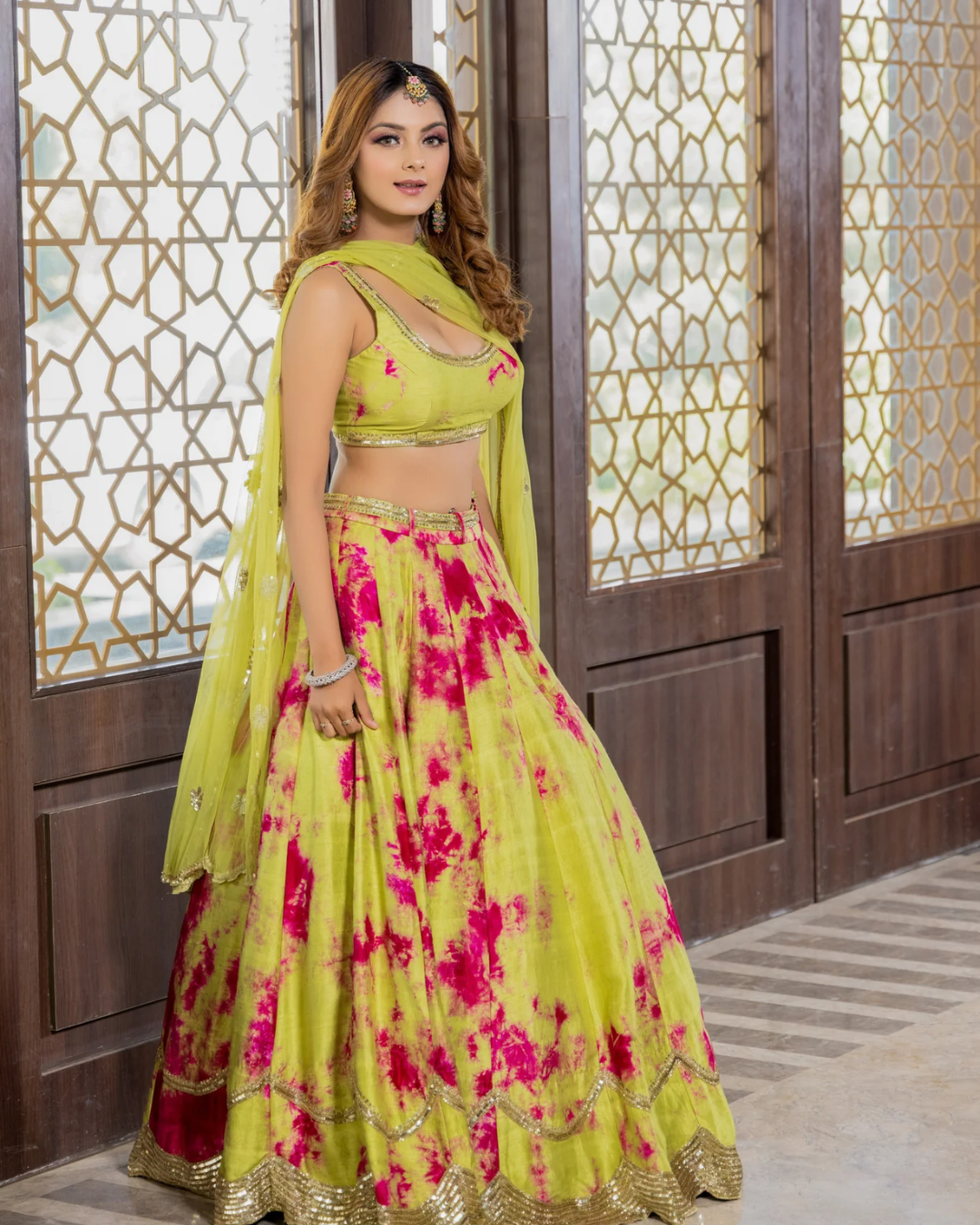 Sonali Bansal - Rani -green tie and dye hand embroidered lehenga set From Phiroza