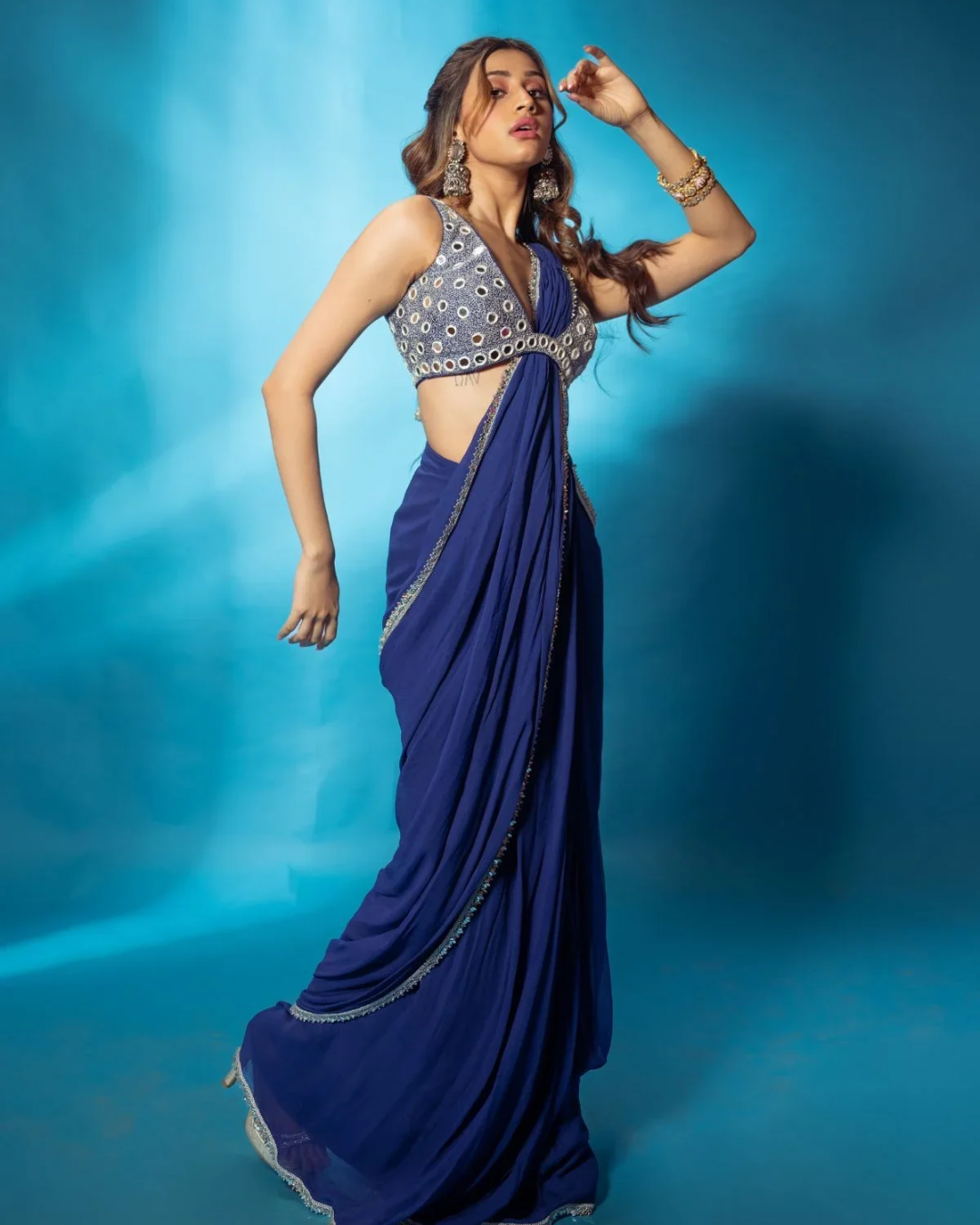 Anisha Shetty - Blue Pre Stitched Saree With Mirror Work Blouse From Rangin