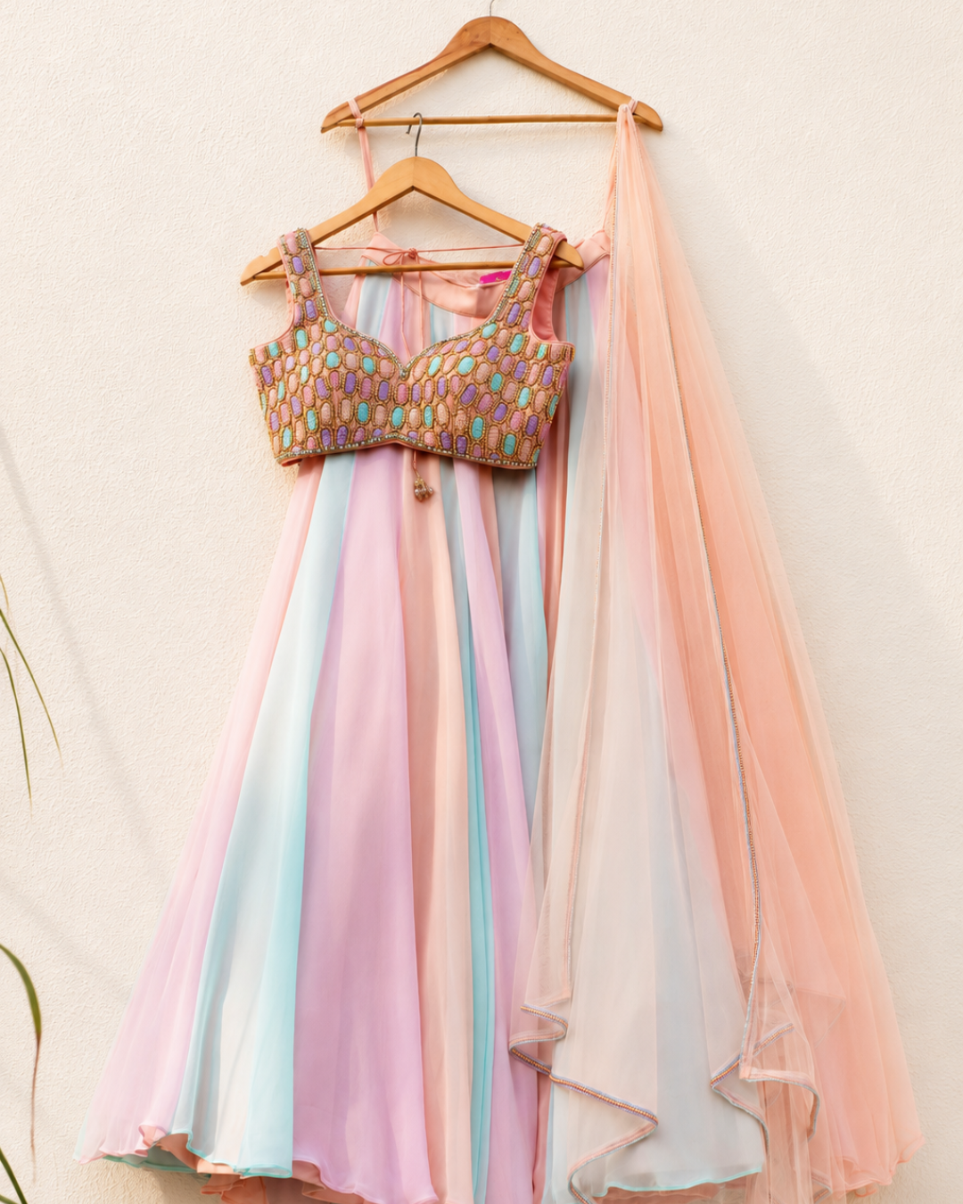 Anisha Shetty - Peach Oval Multicolour Cutdana Blouse With Multicolour Lehenga Set