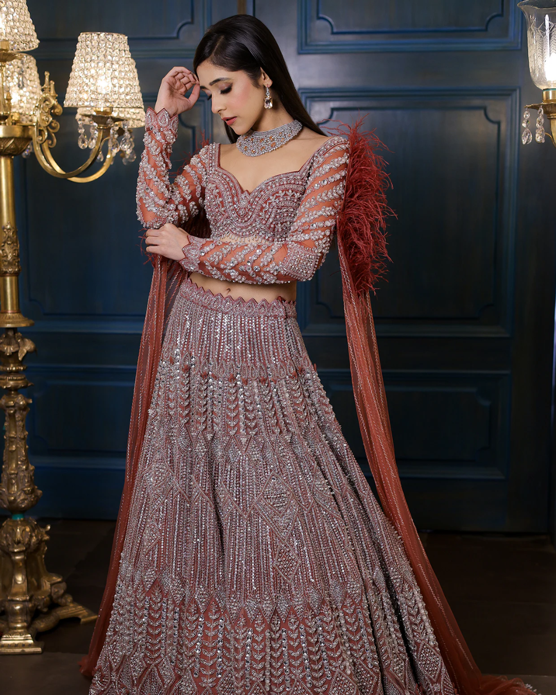 Isa by Dolly Wahal - Peachy Brown Net Cutdana Embroidered Lehenga Set