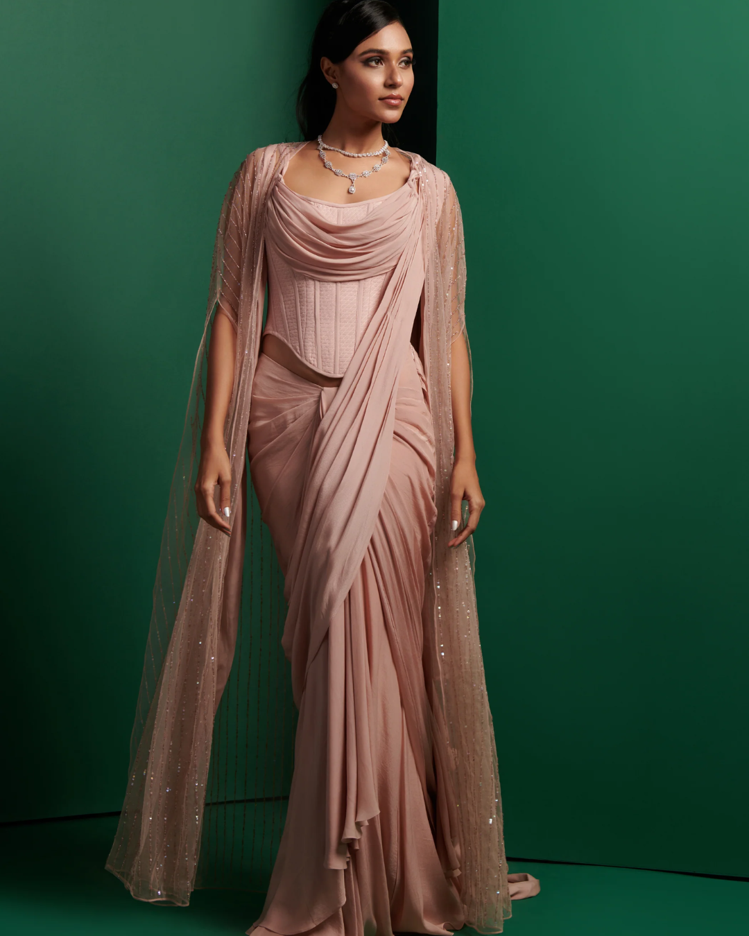 K&A by Karishma and Ashita - Pastel pink corset and drape with embellished cape From Barre Oblique