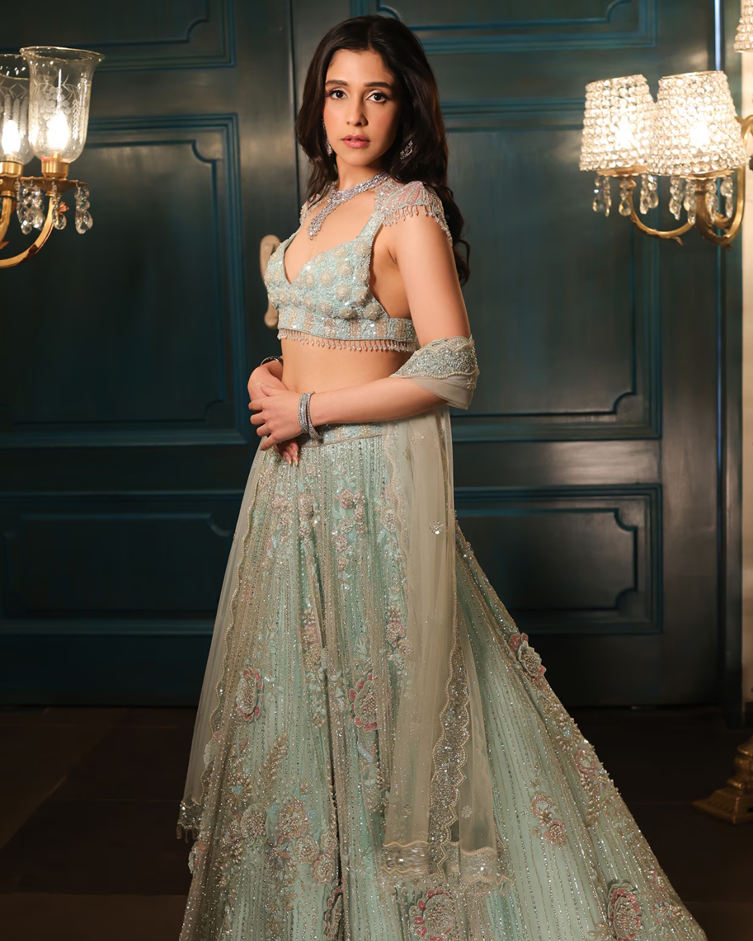 Isa by Dolly Wahal - Sea Green Net Hand Embroidered Lehenga Set