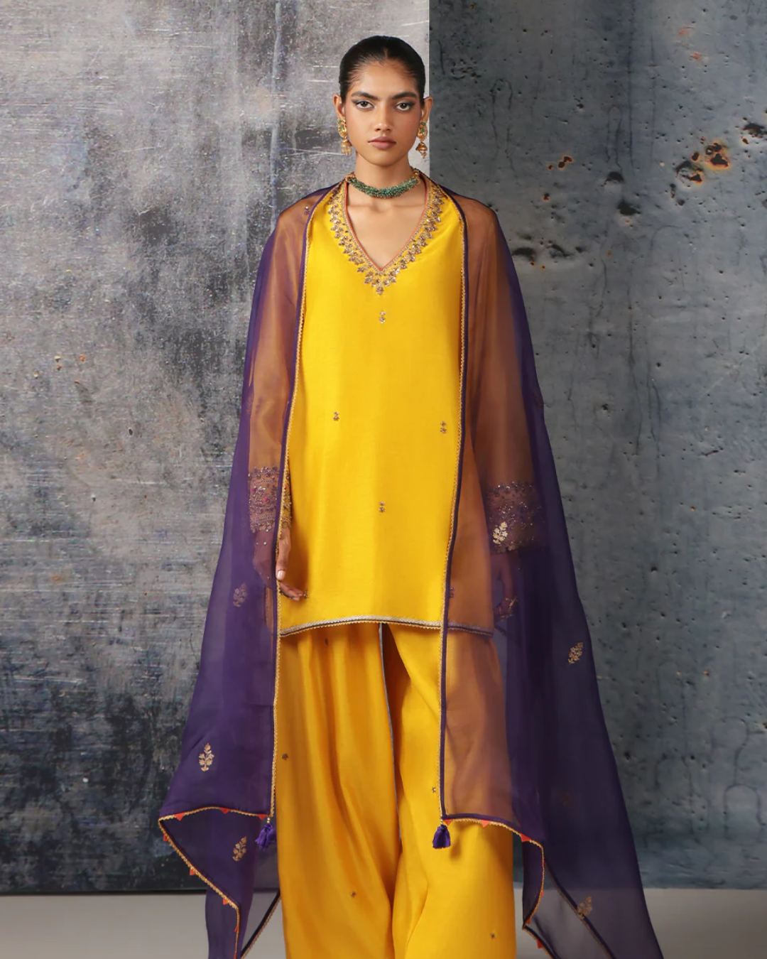 Niti Bothra - Mehrang Yellow V Neck Short Kurta Set