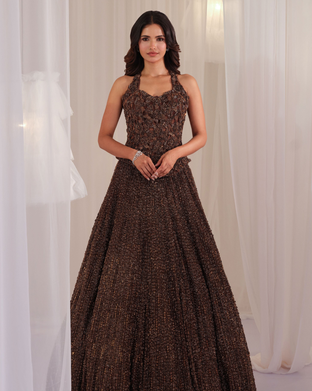 K&A By Karishma And Ashita - Metallic Coffee Brown Hand Embellished Corset With Lehenga From First Love