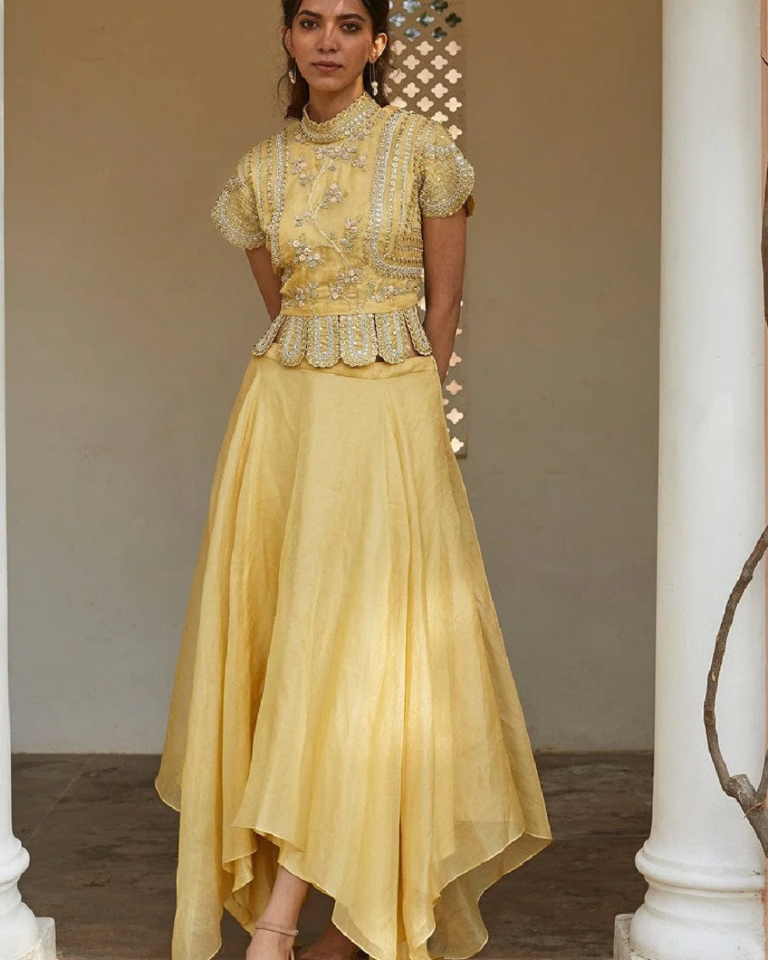 Osaa By Adarsh - Taupe Lemon Optical Embroidered Top and Skirt From RASM