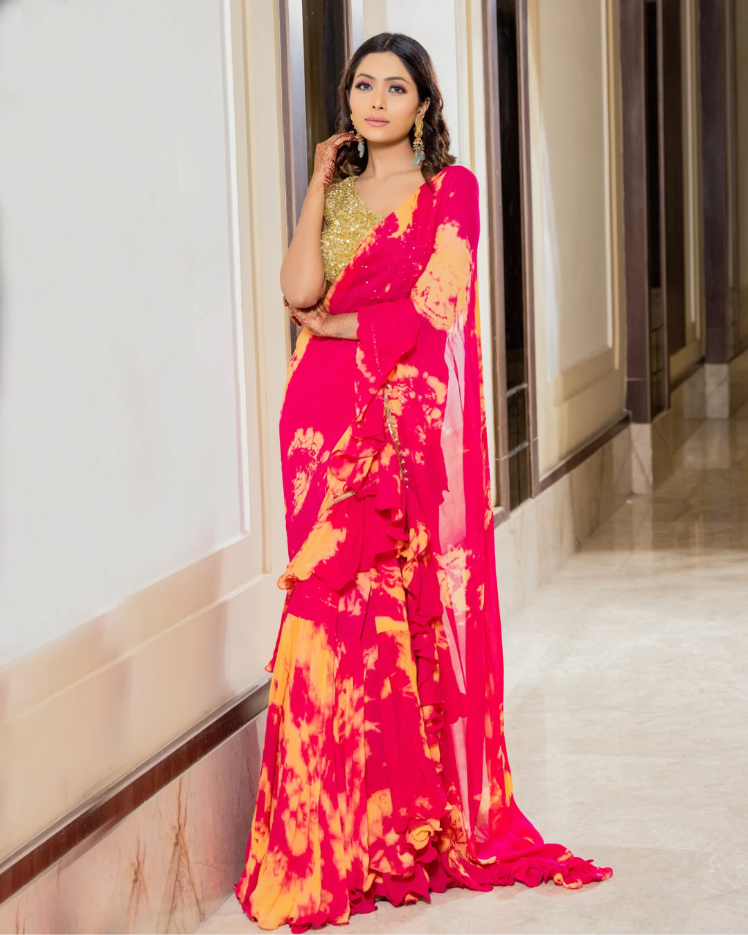 Sonali Bansal - Zareen -Rani pink tie and dye drape saree with gold sequin blouse From Phiroza