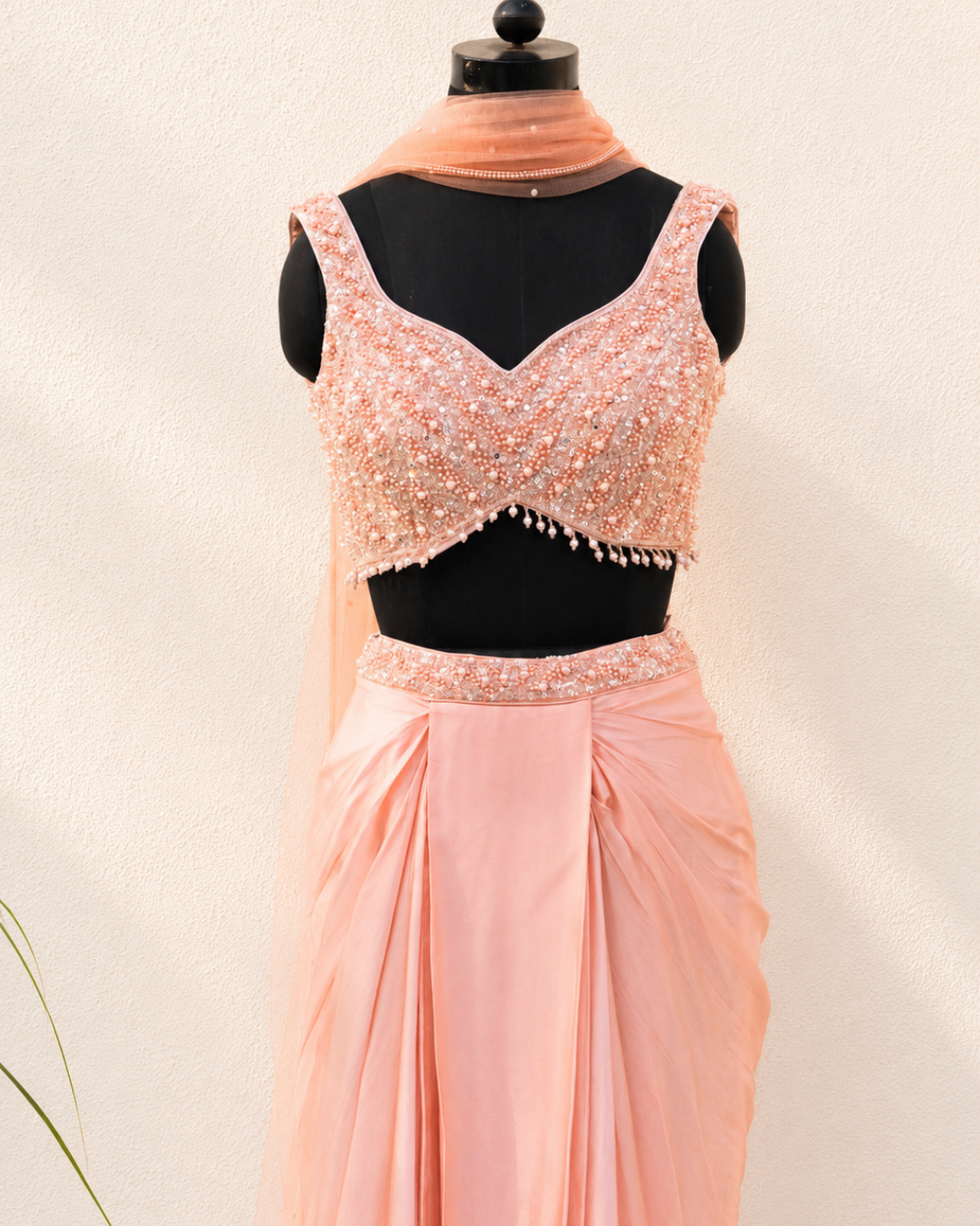 Anisha Shetty - Peach Sequence And Pearl Blouse With Pleated Skirt And Dupatta