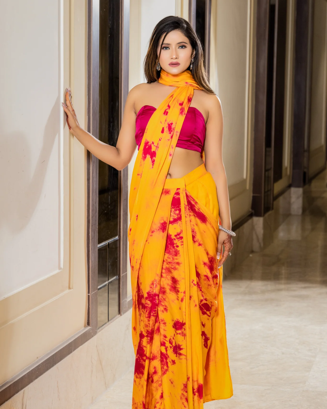 Sonali Bansal - Marie -Mustard yellow tie and dye saree with rani pink bustier From Phiroza