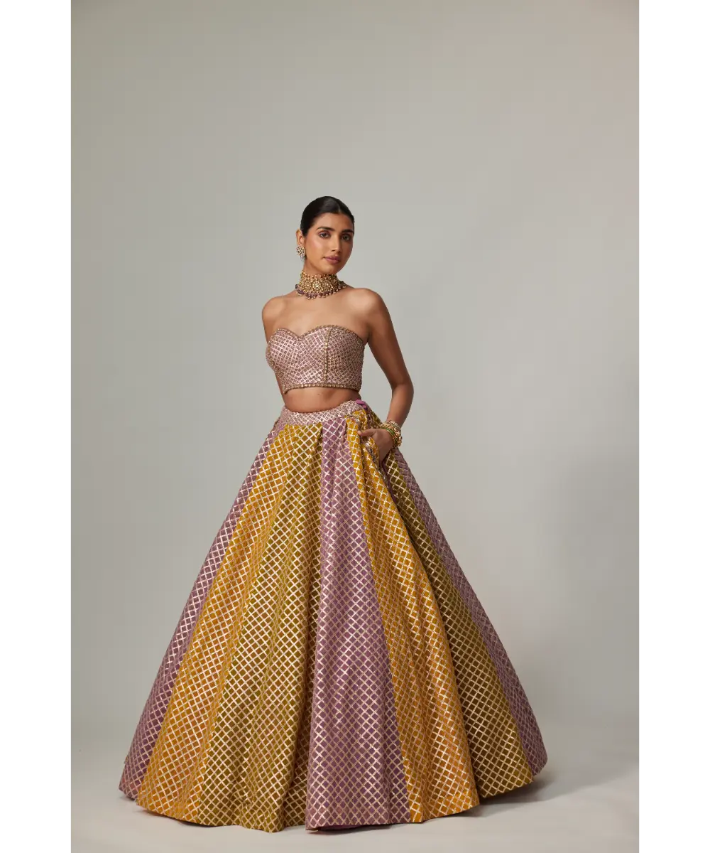 VVANI VATS - Mustard multicolor Corset Skirt Set