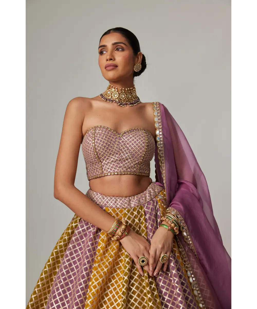 VVANI VATS - Mustard multicolor Corset Skirt with Dupatta Set
