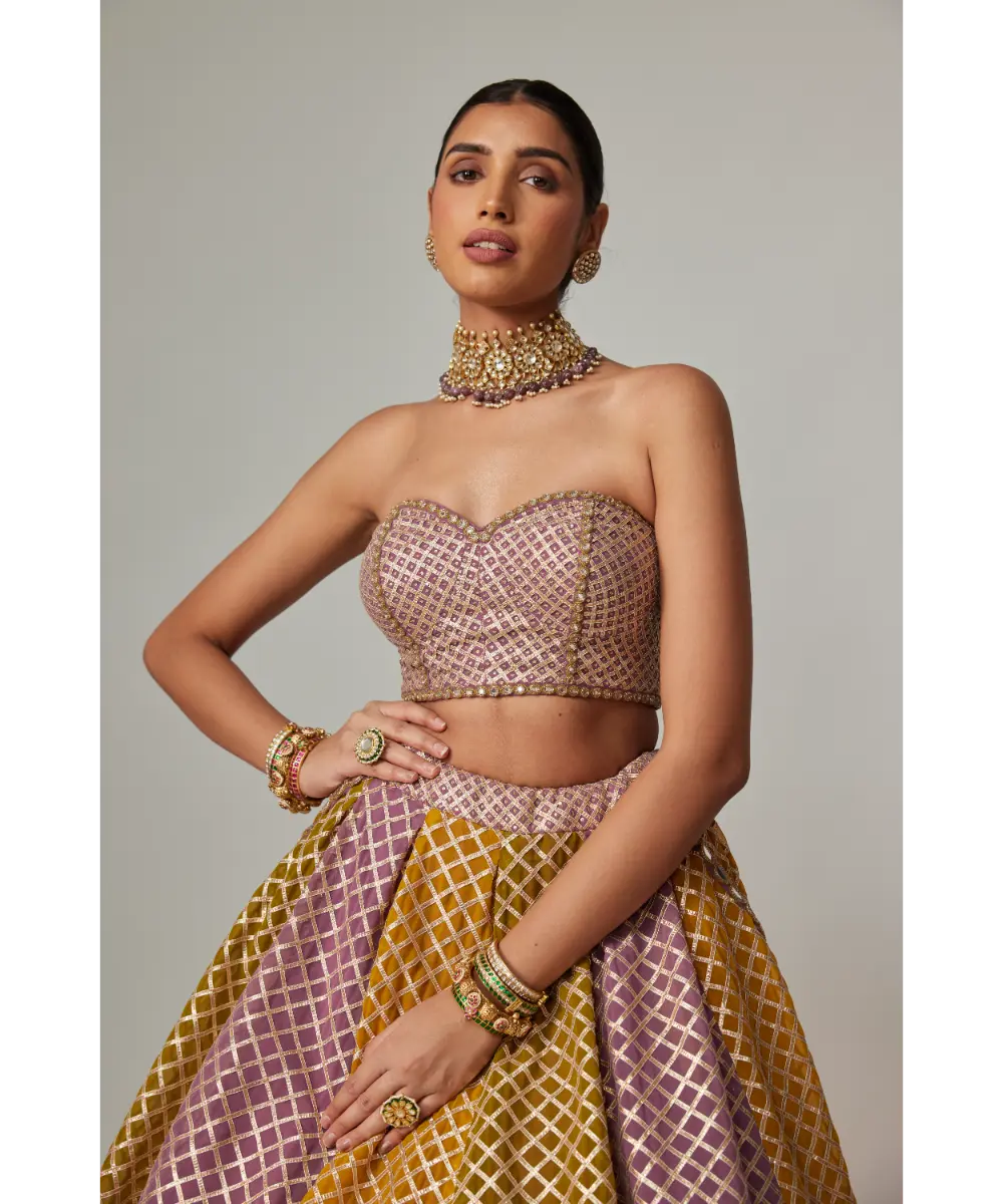 VVANI VATS - Mustard multicolor Corset Skirt with Dupatta Set