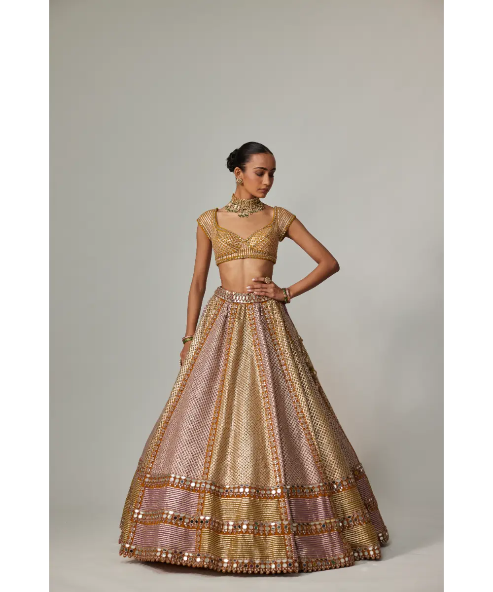 VVANI VATS - Mustard multicolor Heavy Metallic Lehenga with green Dupatta