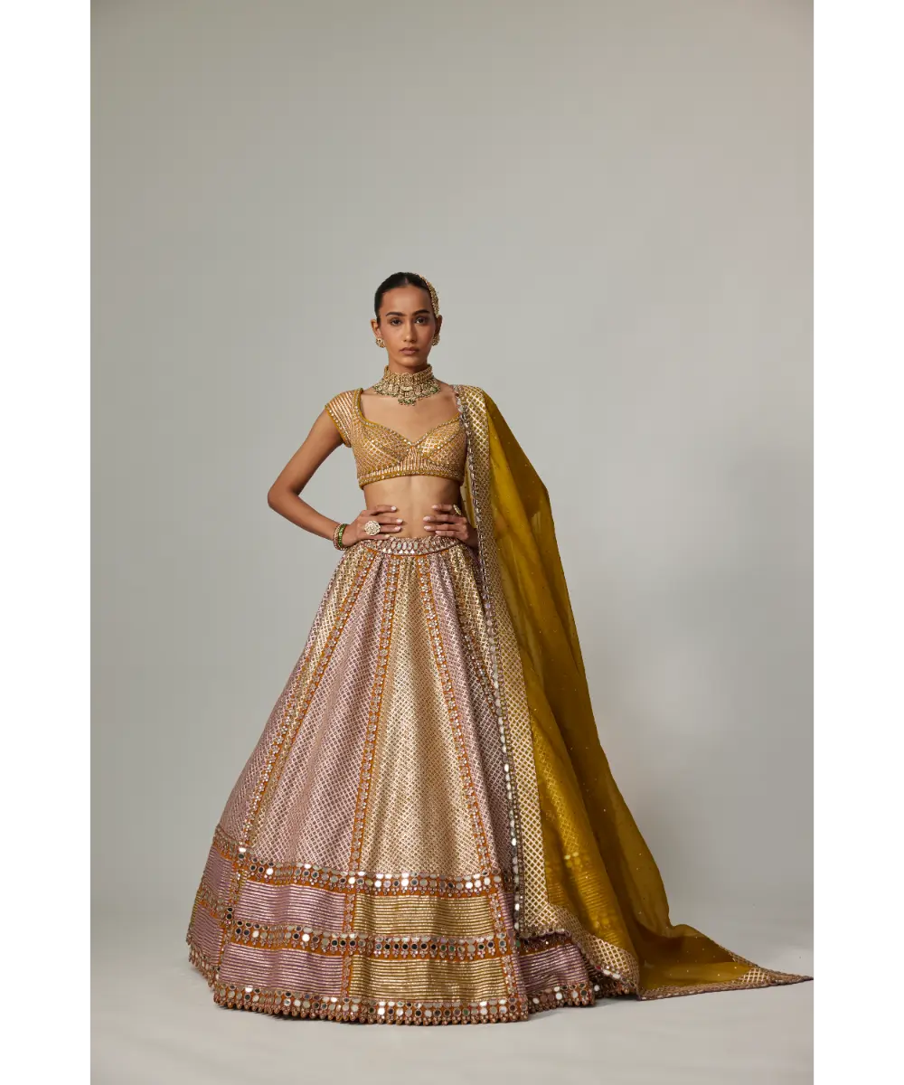VVANI VATS - Mustard multicolor Heavy Metallic Lehenga with green Dupatta