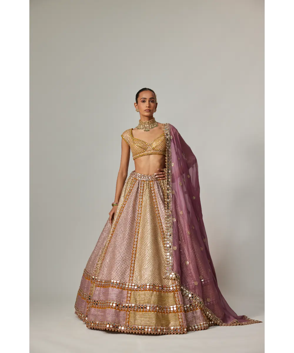 VVANI VATS - Mustad multicolor Heavy Metallic Lehenga with Mud Mauve Dupatta