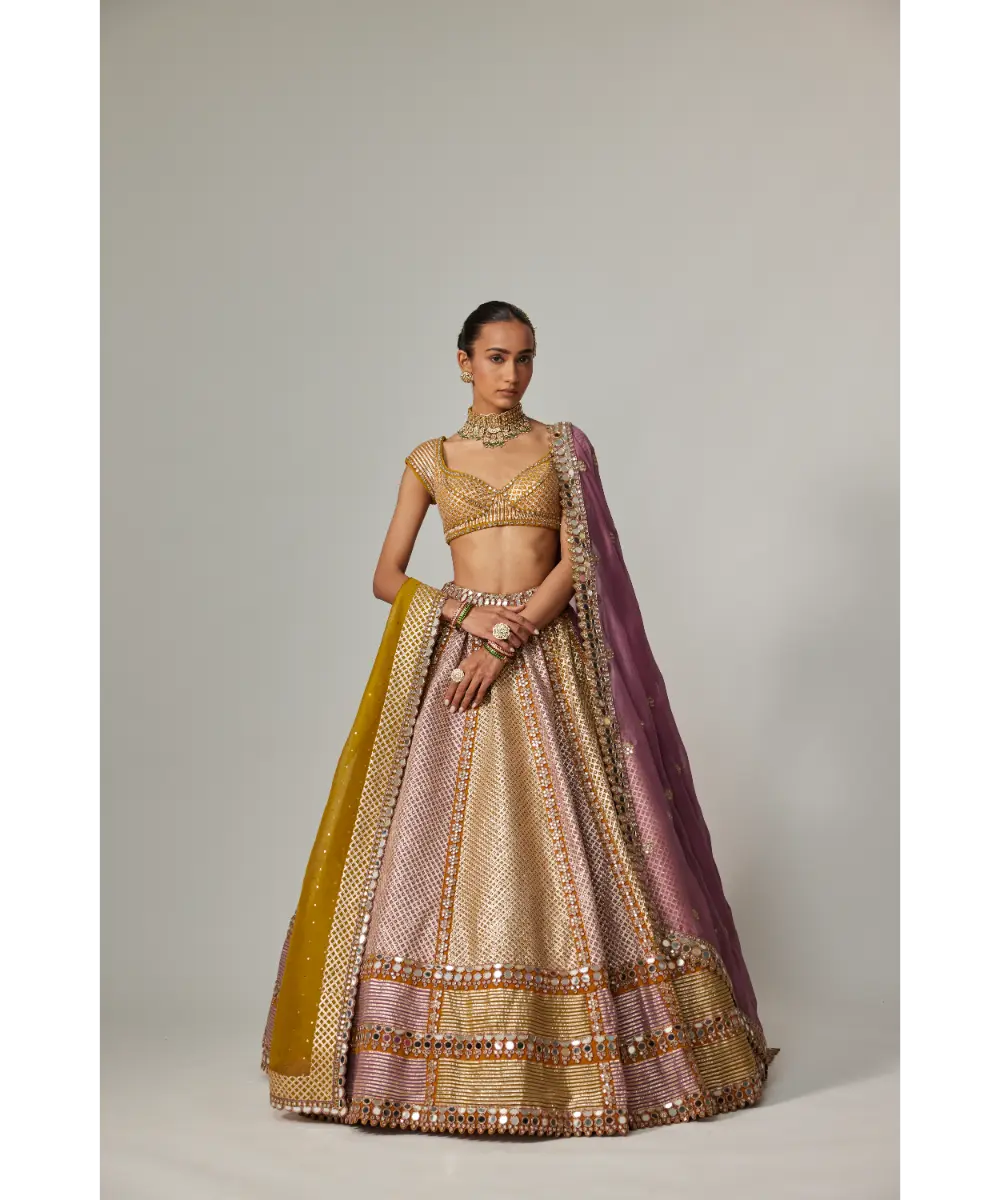 VVANI VATS - Mustard multicolor Heavy Metallic Lehenga with Double Dupatta