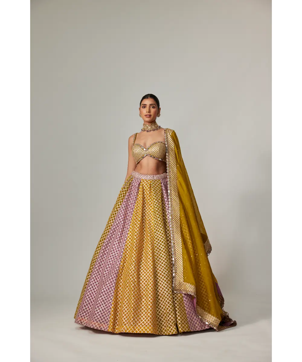 VVANI VATS - Mustard multicolor Big Check Lehenga Set