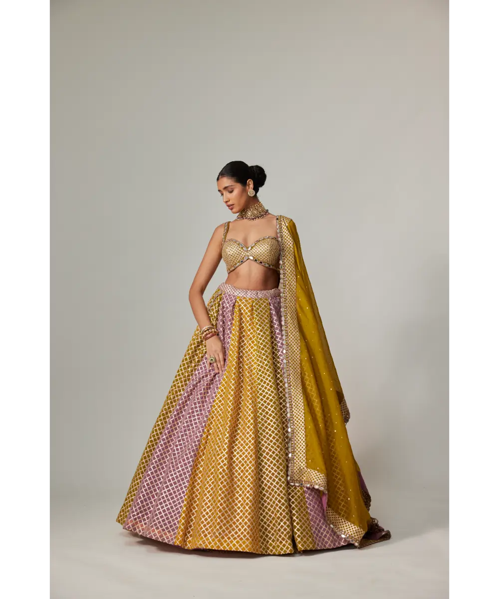 VVANI VATS - Mustard multicolor Big Check Lehenga Set