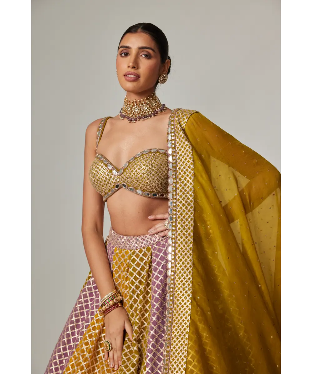 VVANI VATS - Mustard multicolor Big Check Lehenga Set
