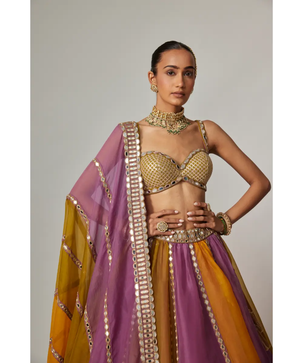 VVANI VATS - Mustard multicolor Linear Lehenga with Sweetheart Neck Blouse