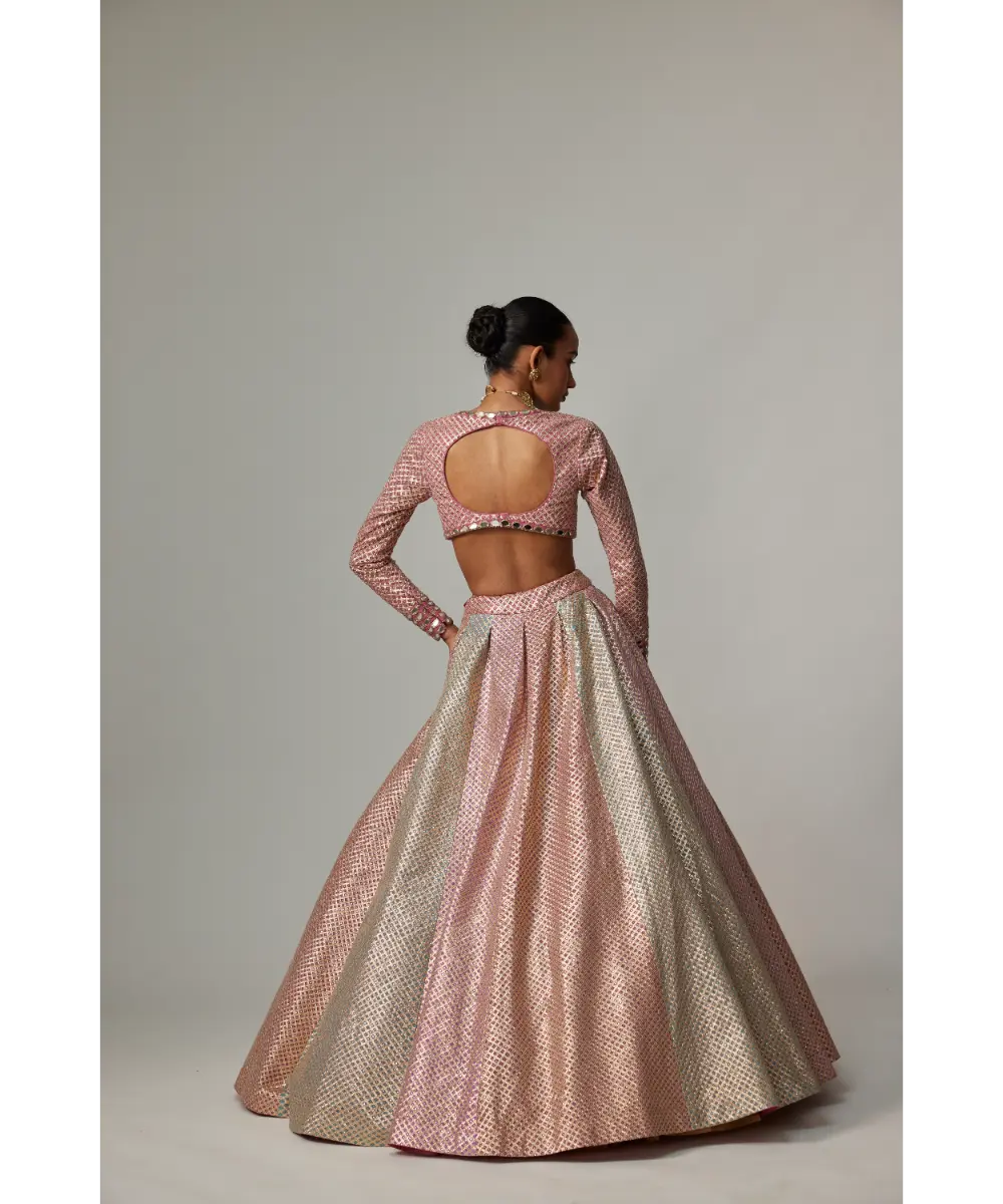 VVANI VATS - Dark Blush multicolor metallic gota Crop Top Skirt with Aqua Dupatta