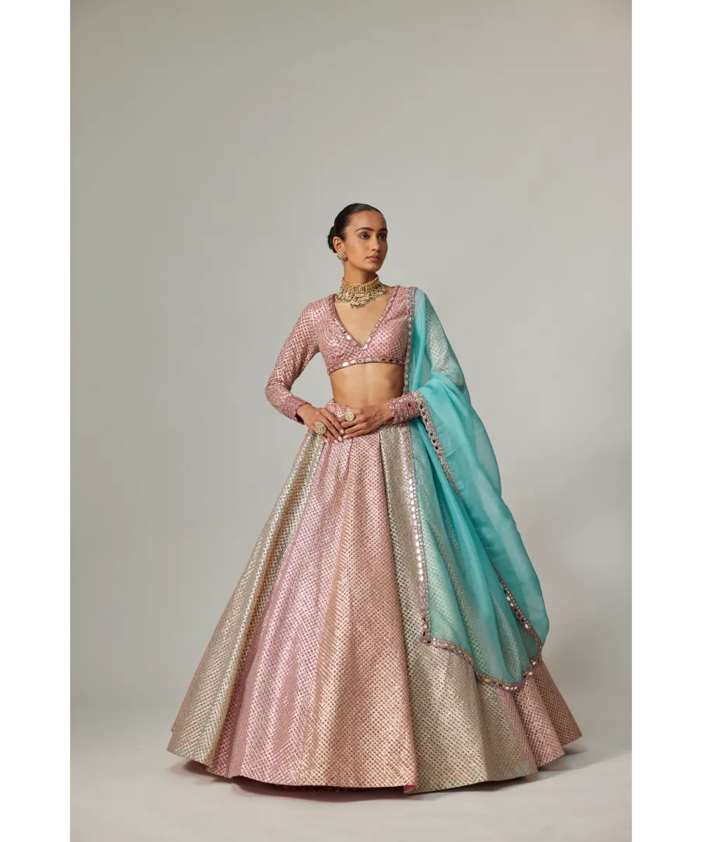 VVANI VATS - Dark Blush multicolor metallic gota Crop Top Skirt with Aqua Dupatta