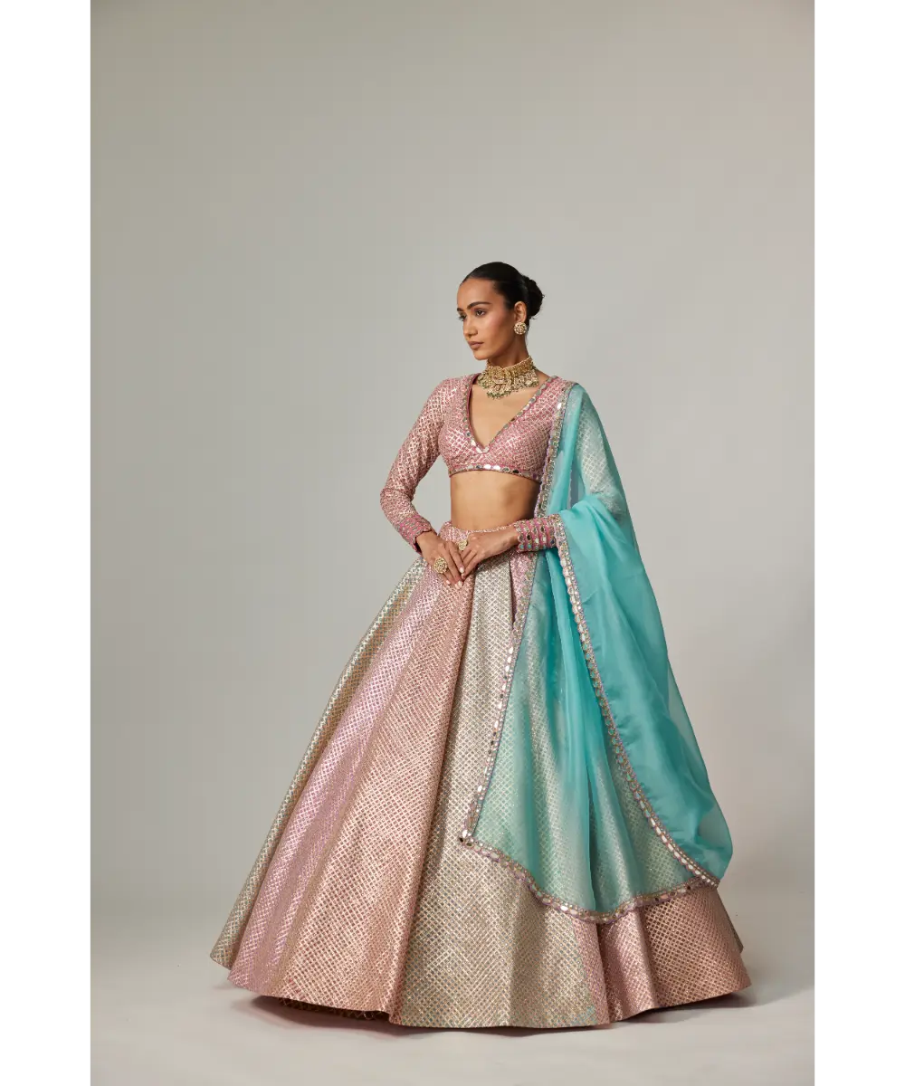 VVANI VATS - Dark Blush multicolor metallic gota Crop Top Skirt with Aqua Dupatta