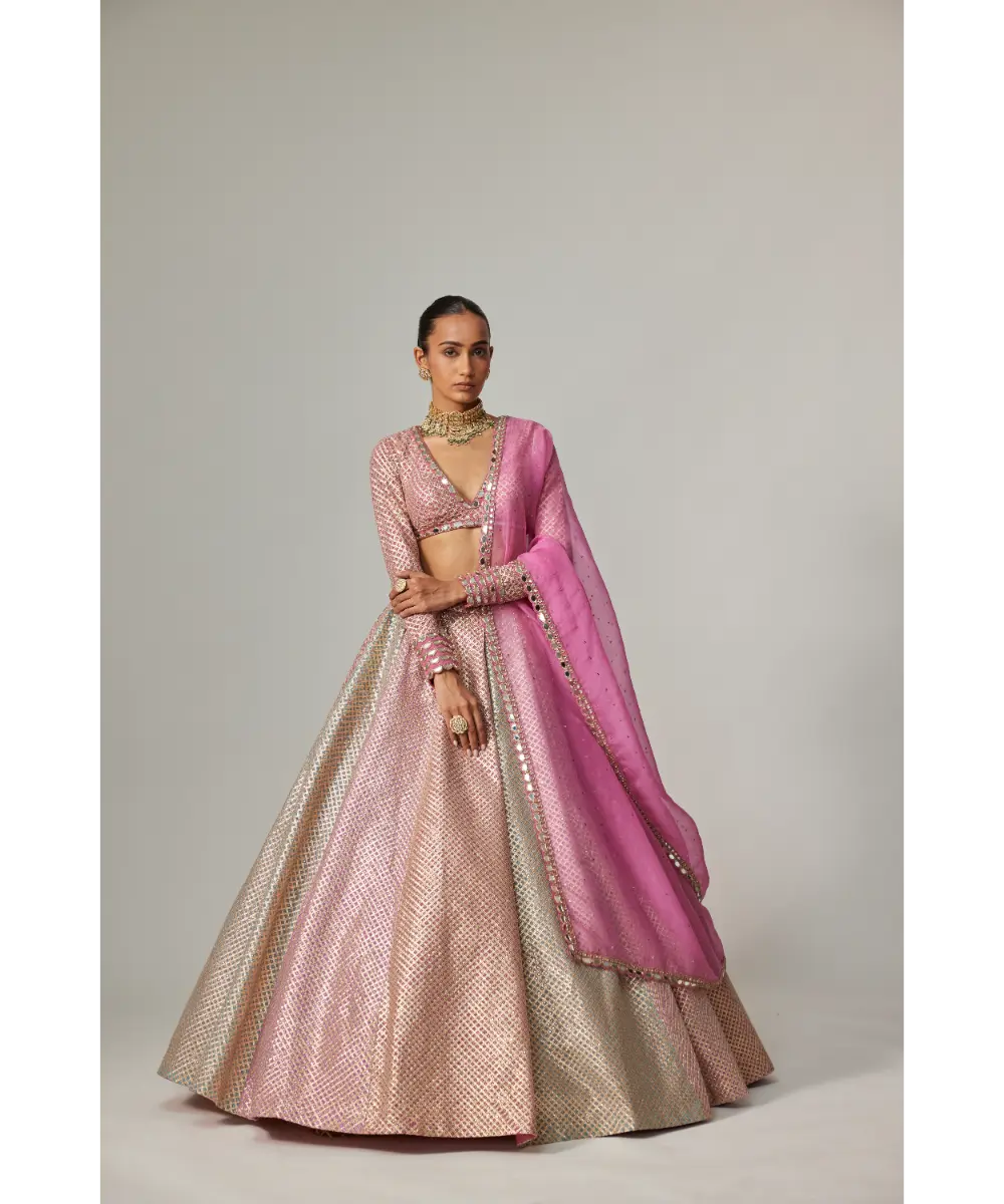 VVANI VATS - Dark Blush multicolor metallic gota Crop Top Skirt with Dark Blush Dupatta
