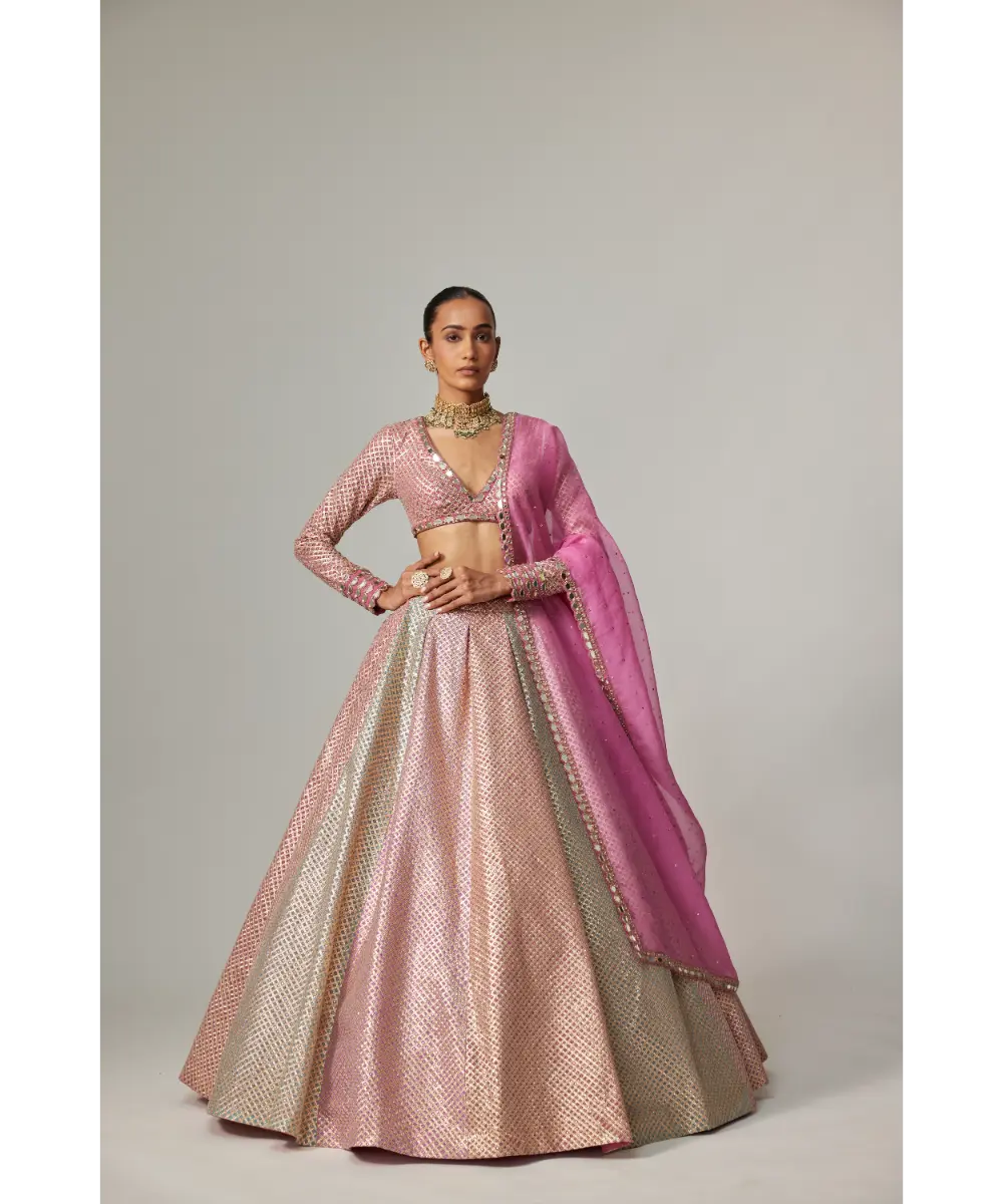 VVANI VATS - Dark Blush multicolor metallic gota Crop Top Skirt with Dark Blush Dupatta
