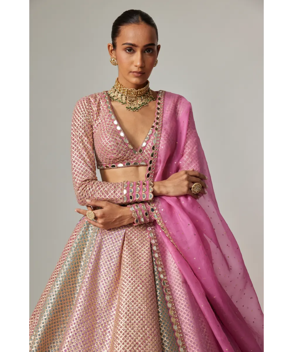VVANI VATS - Dark Blush multicolor metallic gota Crop Top Skirt with Dark Blush Dupatta