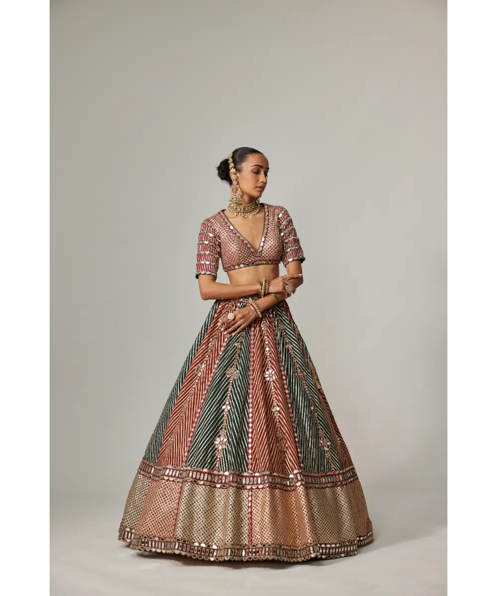 Cranberry multicolor Linear Flower Lehenga Set with Jade Green Dupatta