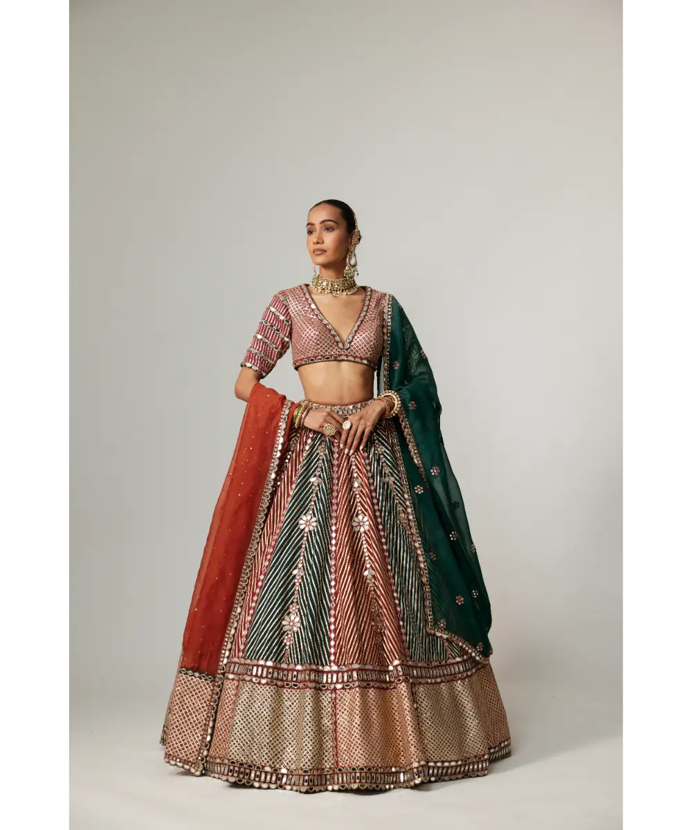 VVANI VATS - Cranberry multicolor Linear Flower Lehenga Set with Double Dupatta