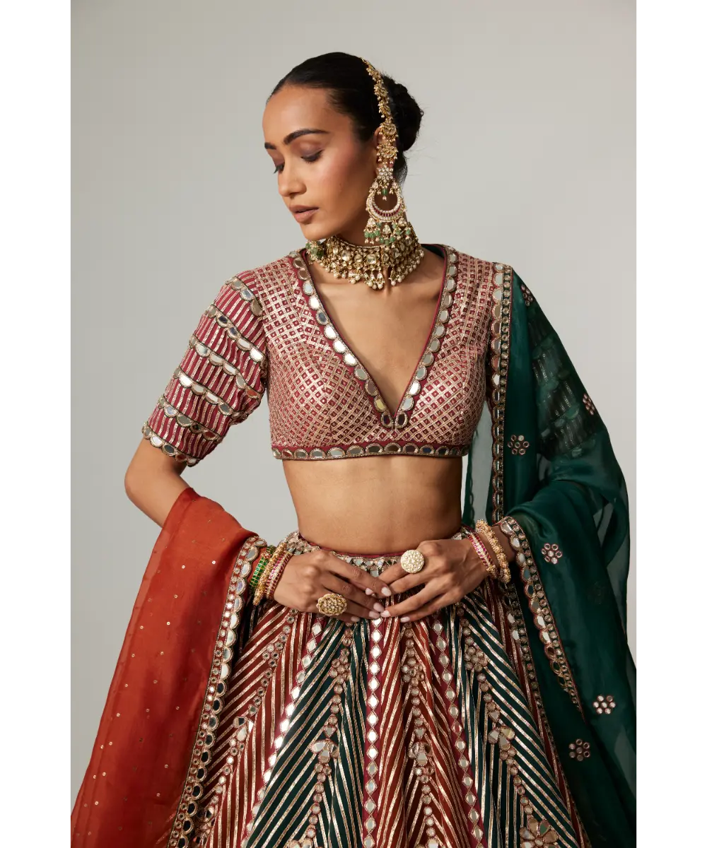 VVANI VATS - Cranberry multicolor Linear Flower Lehenga Set with Double Dupatta