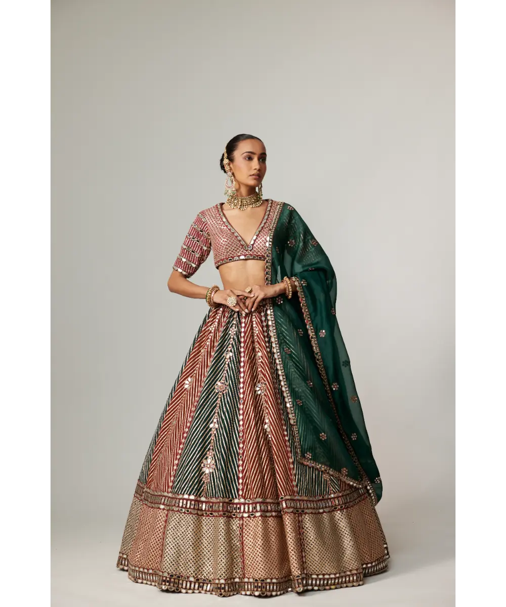 VVANI VATS - Cranberry multicolor Linear Flower Lehenga Set with Jade Green Dupatta