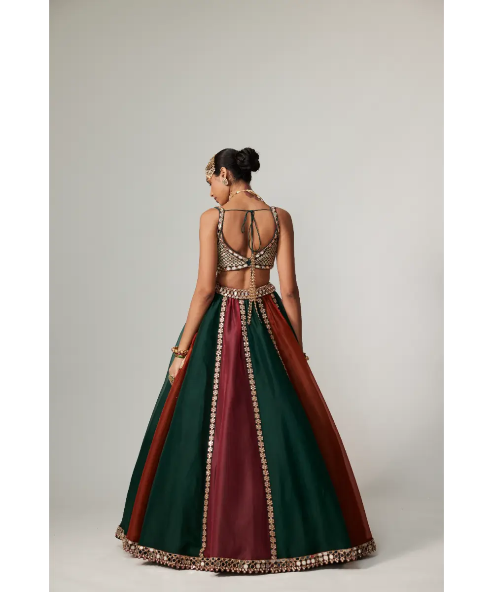 VVANI VATS - Cranberry multicolor Linear Lehenga with Square Neck Blouse and Dupatta