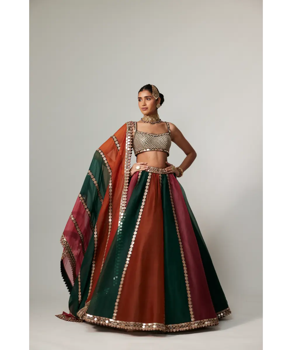 VVANI VATS - Cranberry multicolor Linear Lehenga with Square Neck Blouse and Dupatta