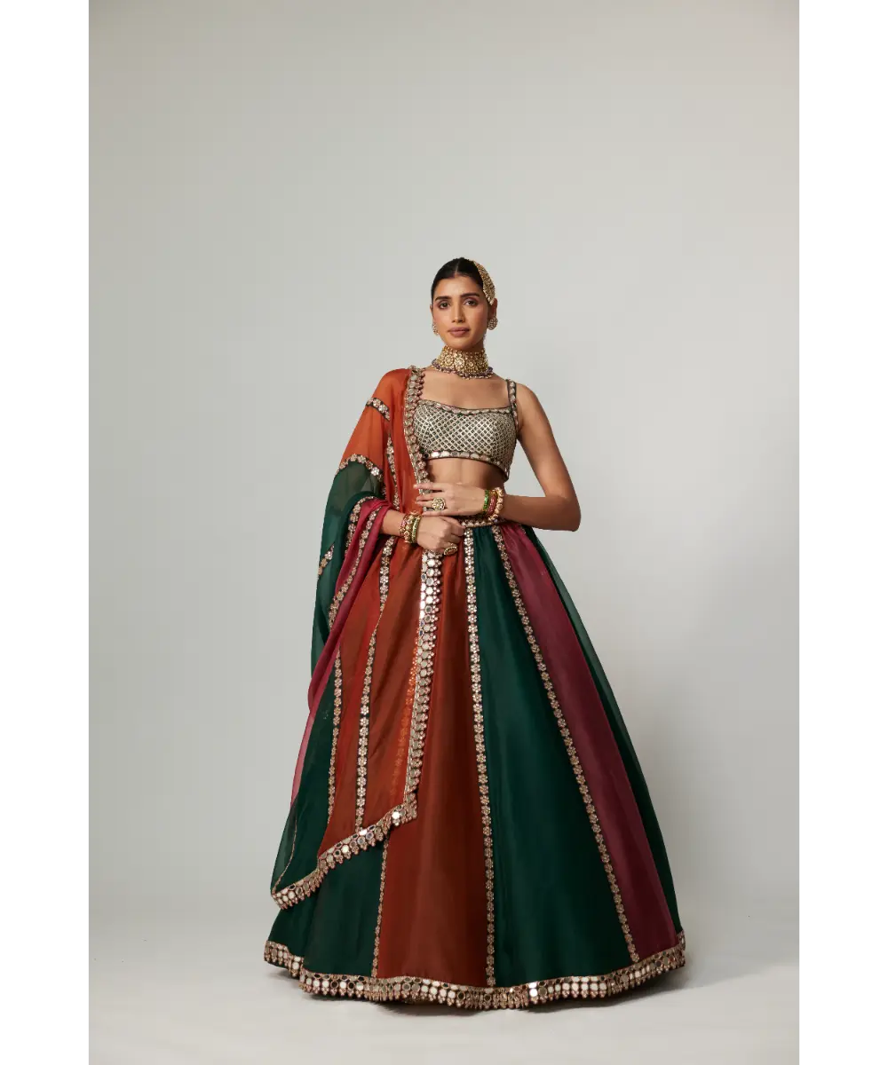VVANI VATS - Cranberry multicolor Linear Lehenga with Square Neck Blouse and Dupatta