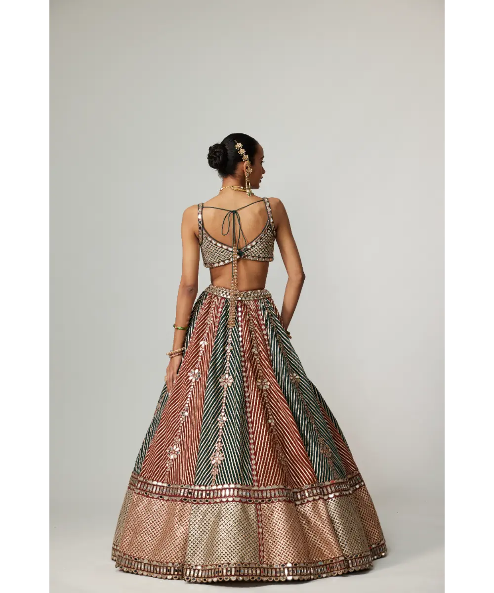 VVANI VATS - Cranberry multicolor Linear Flower Lehenga with Square Neck Blouse