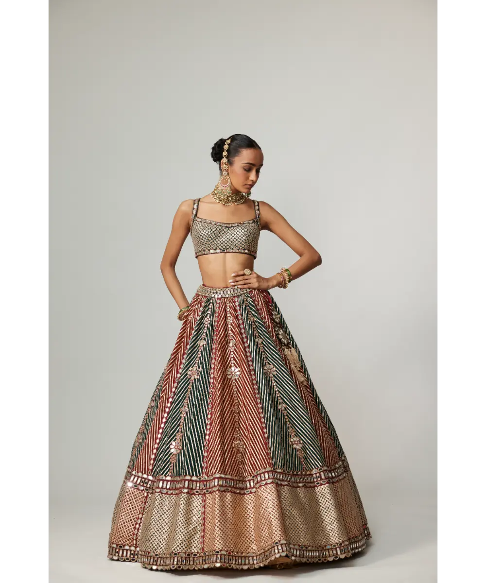 VVANI VATS - Cranberry multicolor Linear Flower Lehenga with Square Neck Blouse