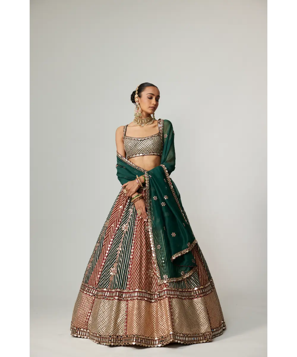 VVANI VATS - Cranberry multicolor Linear Flower Lehenga with Square Neck Blouse