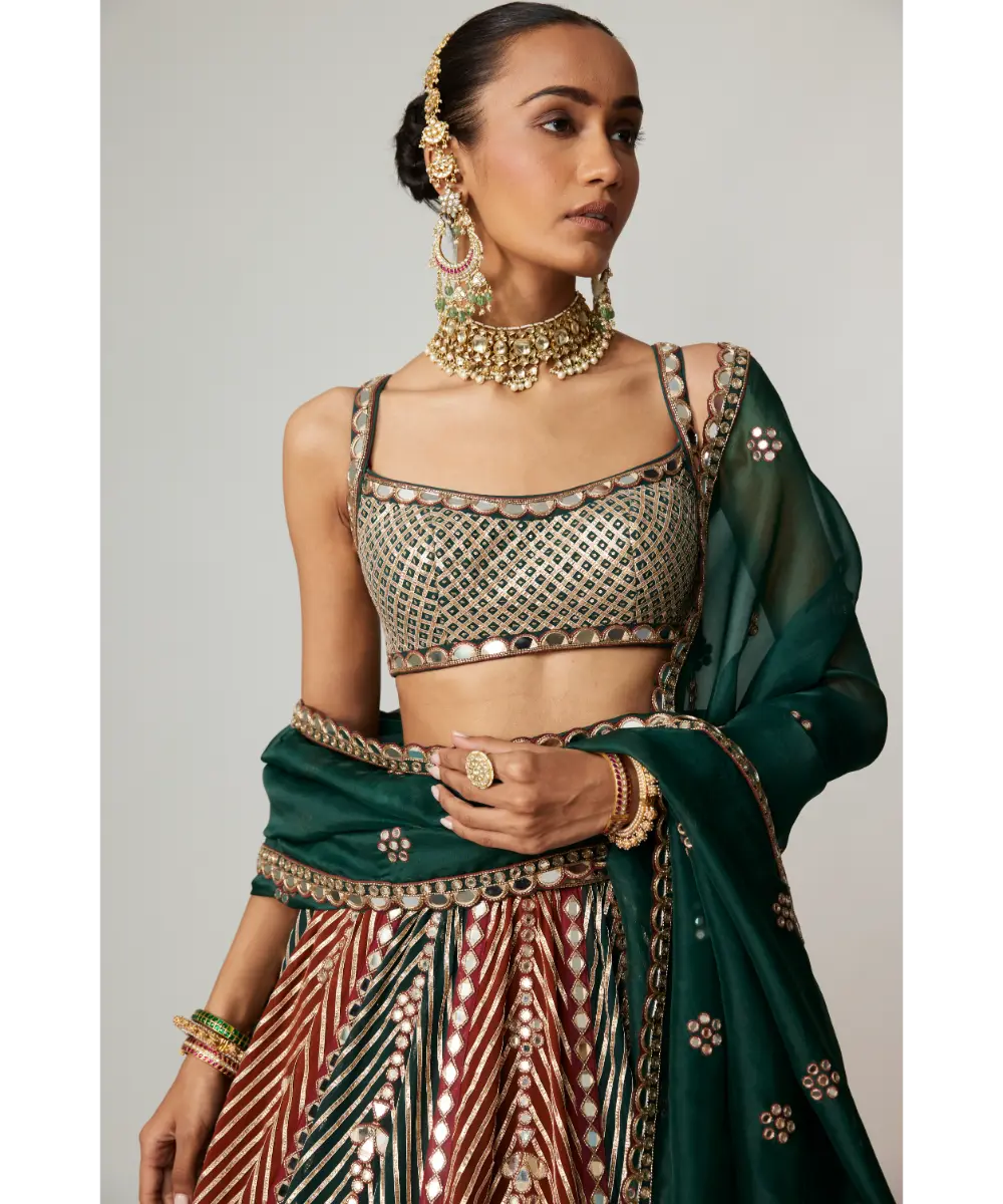 VVANI VATS - Cranberry multicolor Linear Flower Lehenga with Square Neck Blouse