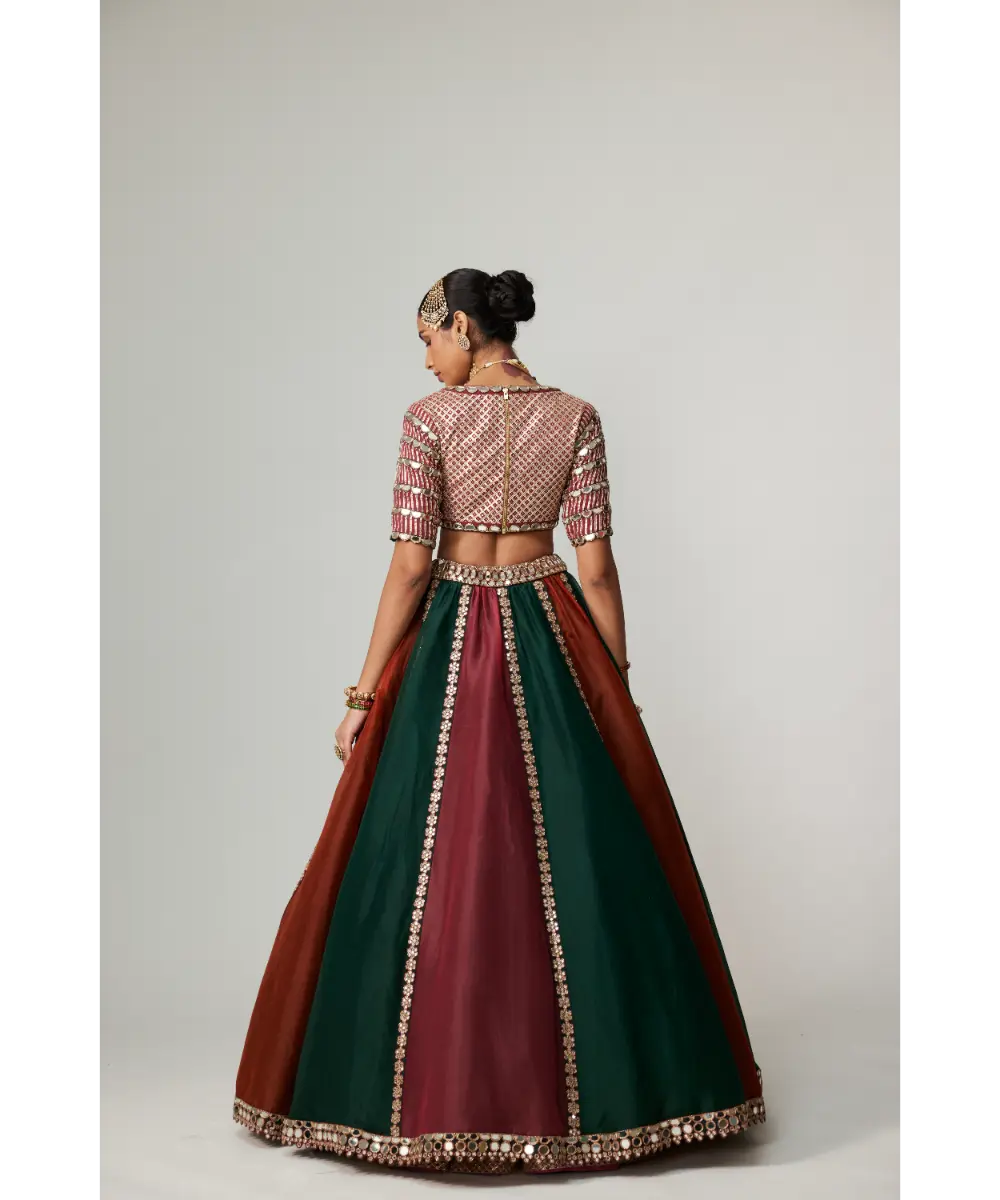 VVANI VATS - Cranberry multicolor Linear Lehenga with V Neck Blouse
